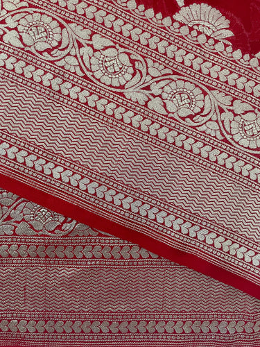 Banarasi Pure Chiffon Saree with Hearts Border | Red | Gold Water Zari, Handwoven | Ships from California